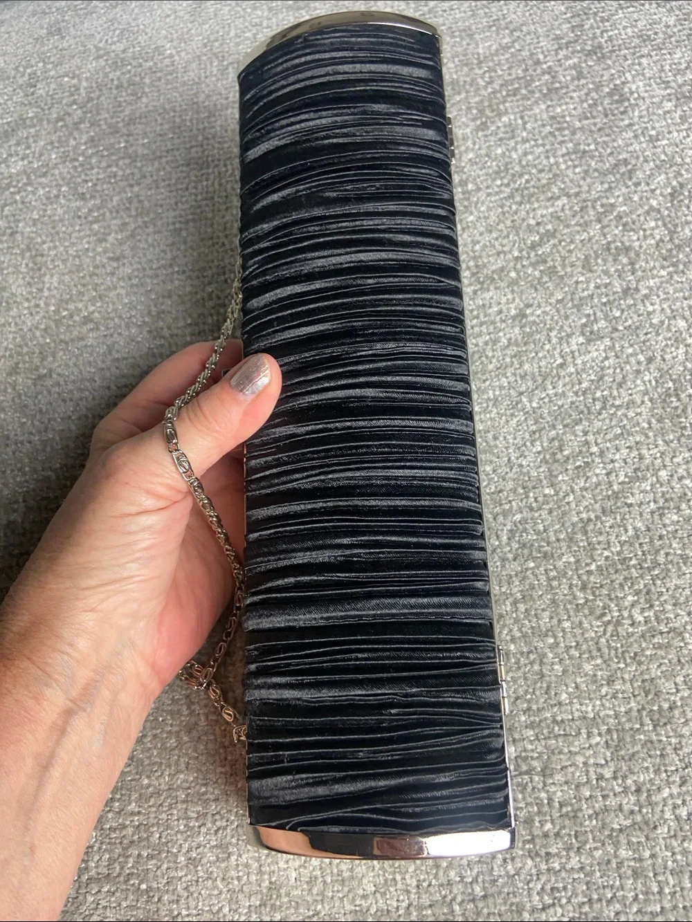Black Pleated Satin Evening Clutch with Chain Strap
